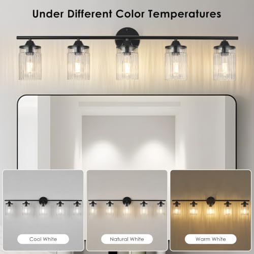 Image of Jonsi Bkack Bathroom Light Fixtures 5-Light Vanity Lights Modern Wall Sconce with Clear Glass Shade Bathroom Light Fixture Over Mirror for Bedroom Hallway Kitchen