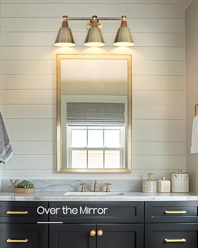 Image of FEMILA Antique Gold Bathroom Vanity Light, 3-Lights Industrial Modern Wall Sconce Bathroom Lighting, Hammered Metal Shade Finish, 4FG59B-3W BG