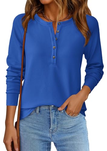 Image of PRETTYGARDEN Women's Long Sleeve Waffle Knit Henley Shirts