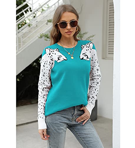 Mansy Women's Casual Long Sleeve Crew Neck Cute Animal Leopard Print Knitted Pullover Sweater Tops2