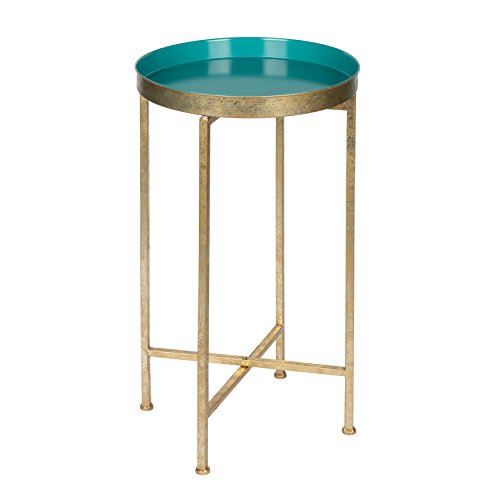 Image of Kate and Laurel Celia Round Metal Foldable Tray Accent Table, Teal with Gold Base