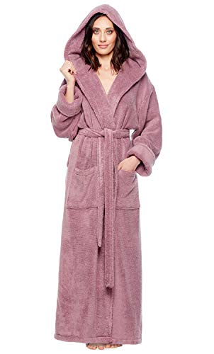 Arus Women's Full Length Long Hooded Soft Twist Robe Turkish Cotton Bathrobe Plum Small
