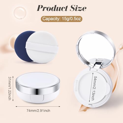 4 Pcs 15g/0.5oz Empty Air Cushion Puff Box Portable Make Up Powder Container Case with Sponge Puff & Mirror for Liquid Foundation BB Cream - White Silver - Image 3