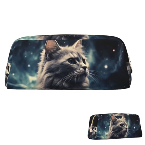 FZQVSLCM ペンケース レザー ペンバッグ 旅行 メイクバッグ 星雲の中の猫 トイレタリーバッグ 携帯コスメバッグ 小銭入れ, ゴールド, One Size