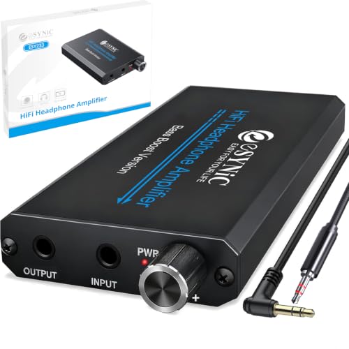 ESynic Amp pour casque basse - Remboursé 3.5MM HiFi Amplificateur d'écouteur audio avec boîtier en alliage d'aluminium bass &12H Temps de jeu-0.005% THD pour MP3/Phone/PC/Laptop/Car (3.5mm AUX)