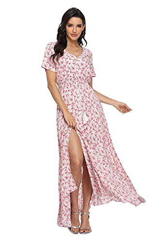 Image of VintageClothing Women's Floral Maxi Dresses Boho Button Up Split Summer Casual Long Dress Beach Party Dress