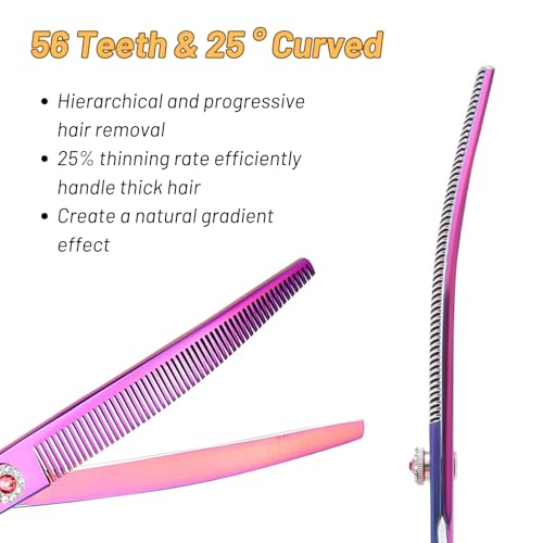 SnipStar 7.5 Zoll Professionelle Haustier gebogene dünne Schere 25 Grad Biege Lila High-End Groomers Schere 56 Zähne, dünne Rate 25%