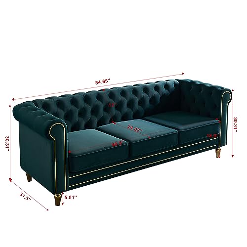 Image of KEIKI 85 inch Chesterfield Velvet Tufted Button Sofa with Deep Seat Cushions and Rolled Arms, Modern Style 3-Seater Couch Decorated with Gold Strip, Easy Assembly, for Living Room, Bedroom, Office, Green