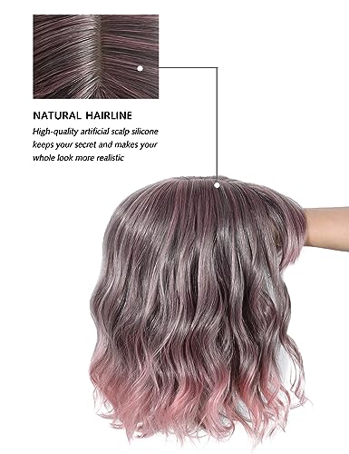 Image of Rose bud Ombre Pink Wavy Bob Wig for Women Short Curly Wigs with Bangs