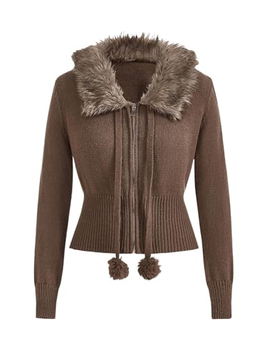 Verdusa Women's Zip Up Long Sleeve Knit Cardigan Sweater Fuzzy Crop Jacket Outerwear Early Fall Outfits 2025