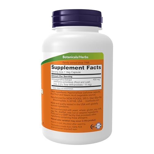 NOW Foods Supplements, Ashwagandha (Withania somnifera) 450 mg (Standardized Extract), 180 Veg Capsules - Image 3