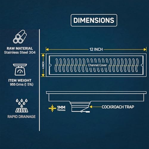 Image of ARQUIN Bathroom Shower Drain Channel 12x4 Inch Floor Drainer 304 Grade Stainless Steel Bathroom Drain Water Drain Channel for Bathroom with Cockroach Trap (1mm Thickness)