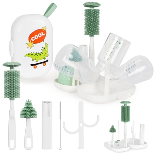 Juego de cepillos 6 en 1 para biberones, esencial para viajes, kit limpiador de biberones con cepillo de silicona, cepillo limpiador de pezones, cepillo para pajita, dispensador de jabón, caja de