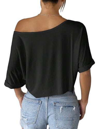 SOFIA'S CHOICE Women's Off Shoulder Crop Tops Loose Boat Neck Short Sleeve T Shirt2