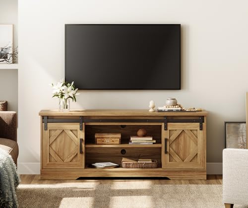 Image of WAMPAT Farmhouse Style TV Stand for 55-65 inch TV w /Distressed Wood Finish