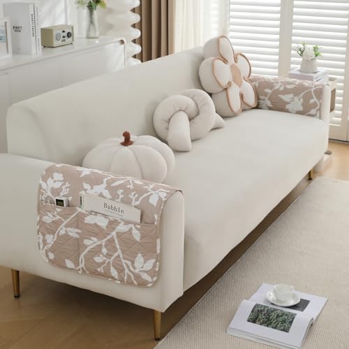 Image of HOKIPO 'Elira Series' Digitally Printed Water Repellent + Waterproof Armrest Cover for Sofa with Pockets (2Pcs) - Buff Brown Sillehoute Floral (AR-5251-C7*2)