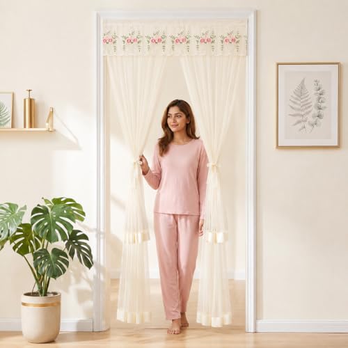 Image of HASTHIP Lace Door Curtain Double Layer Sheer Privacy for Doorway | Mesh lace fabric with easy tape installation filters soft light keeps mosquitoes out