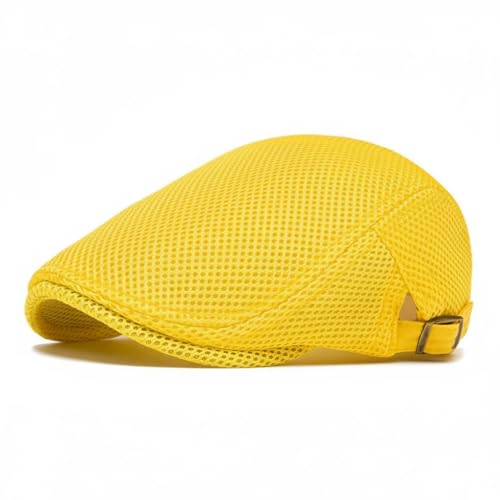 PTDTSHOU Mens Mesh Newsboy Hat Breathable Summer Flat Cap Beret Gatsby Ivy Driving Hat Adjustable Golf Cap Yellow
