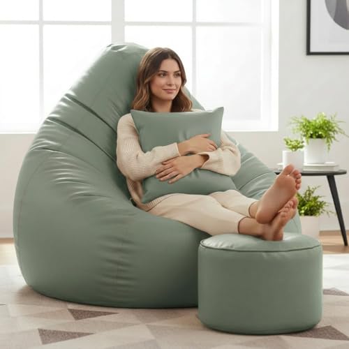 Image of 6XL Jumbo Premium Bean Bag Chair with Footrest & Cushion | Filled with High Density EPS Beans | Comfortable Sofa for Living Room & Bedroom | 6 Months Warranty, Color- (SAGE GREEN, 6XL, Premium)
