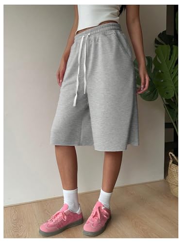 SHENHE Women's Wide Leg Sweat Shorts Drawstring Casual Lounge Sports Knee Length Bermuda Shorts2