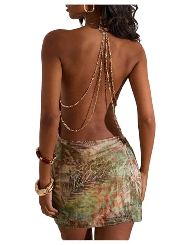 Floerns Women's Tropical Cowl Neck Halter Mini Dress Chain Backless