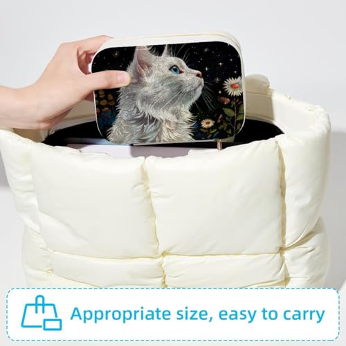 Boîte à bijoux portable chat blanc avec miroir intégré pour bagues et colliers