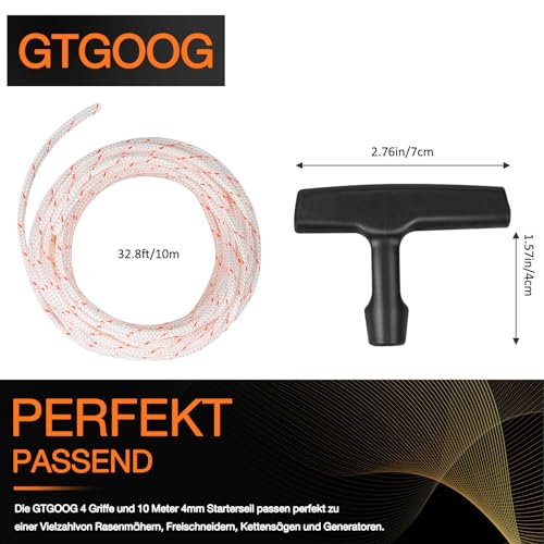 Starterseil Rasenmäher 10 Meter Ø4mm Starterseil und 4 Stück Startgriff,Geeignet für Rasenmäher, Kettensägen, Trimmer, Kantenschneider, Freischneider, Motorteile