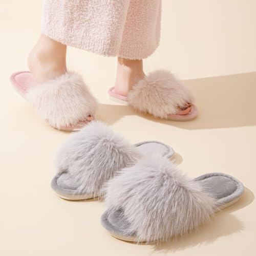 Fuzzy Slippers for Women, Faux Fur, Memory Foam, Rubber Sole, Indoor/Outdoor3