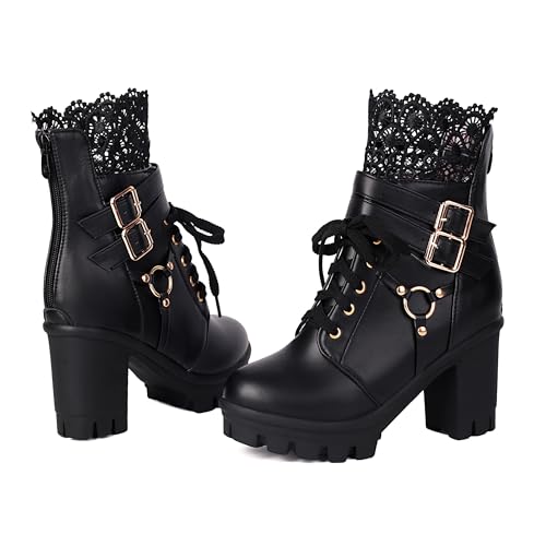 Image of BEAUPAS Women's Gothic Combat Boots Lace Up Platform Ankle Boots with Buckles Chunky High Heel