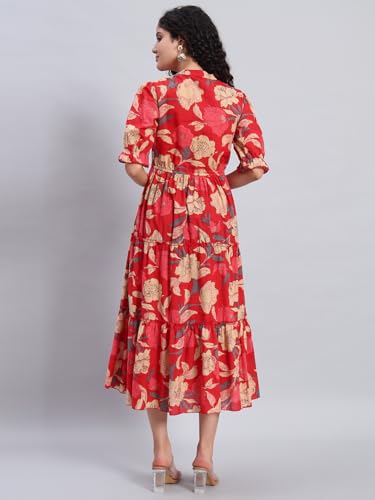 Image of PIDAVLIYA'S Women's Floral Summer Maxi Dress I Cotton Printed I One Piece Bodycon Midi Dress with V-Neck, Puffed Sleeves