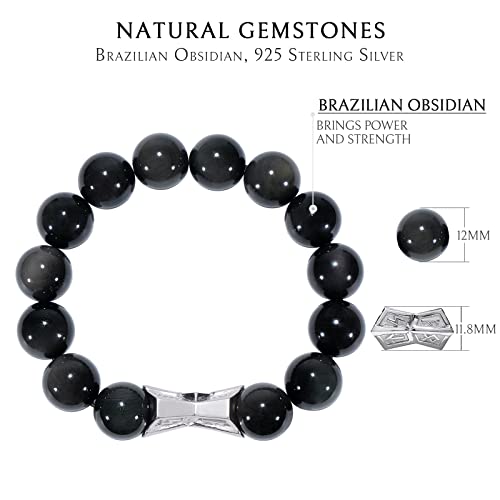 AWNL® Men's Beaded Bracelet with Sterling Silver Engraved Runes Charm 12mm Bronzite Dumortierite Obsidian Natural Gemstone Gift for Men, 6.1''-7.9''3