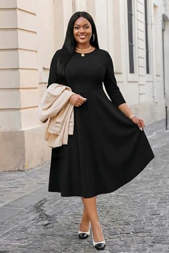 Image of Runwind Women's Plus Size Midi Dress Classy High Waist Wedding Guest Dress Casual Crew Neck 3 /4 Sleeve A-Line Swing Dresses