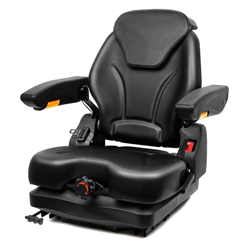 TICSEA Tractor Suspension Seat, Fold Down Forklift seat with Adjustable Angle Back, Micro Switch, Seatbelt and Armrests, Highback Low Suspension Heavy Duty for Tractor Mower Excavator Harvester