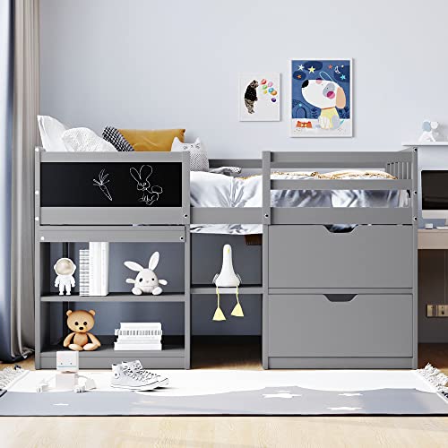 Bellemave Twin Size Low loft Bed for Kids,Wood Loft Beds,Modern Farmhouse Twin loft Bed,Loft Bed with Rolling Desk and Storage, Shelf and Drawers No Box Spring Needed,for Kids, Gray