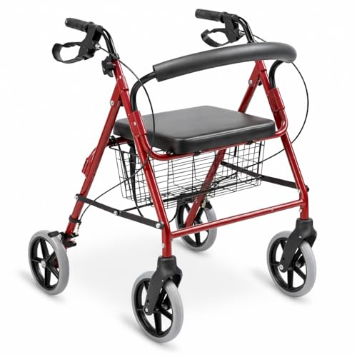 ALMA Andador para Ancianos con Asiento y 4 Ruedas, Rollator Plegable de Aluminio Ligero, Ajustable en Altura, con Respaldo, Cesta y Frenos de Maneta con Bloqueo, para Adultos y Personas Mayores