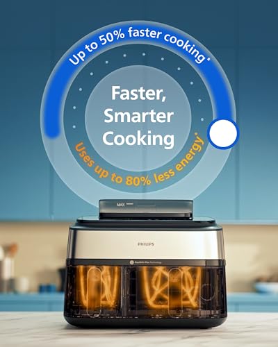Philips Air Fryer 5000 Series Dual Basket with Steam – 9L Capacity, RapidAir Plus Technology for Juicy Chicken, Crusty Bread, 19 Cooking Programs, Steam Clean Function (NA555/09)