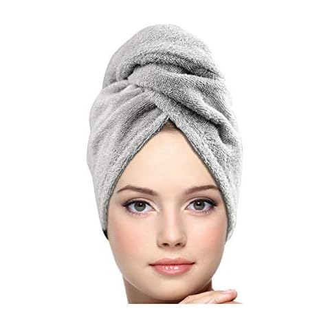 KEEPOZ Hair Towel Wrap Quick Dry 100% Cotton Super Absorbent Turban Head Wrap for Women with Button, Non Microfiber Anti Frizz Hair Products, Hair Cap for Curly, Long & Thick Hair (Grey, 1 Pc) Cover