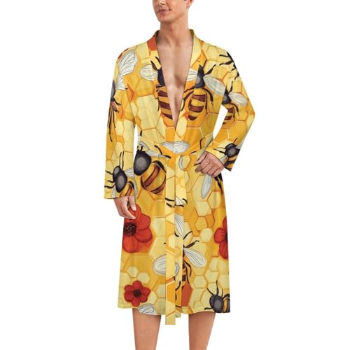 Bees Honeycomb Flowers Men's Robe Long Sleeve V Neck Bathrobes Printed Sleepwear Robes with Belt