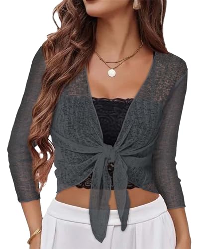Image of Women Crop Cardigan Sheer Mesh Bolero Shrug for Dress Tie Front 3 /4 Sleeve Tops (Steel Grey,2XL)