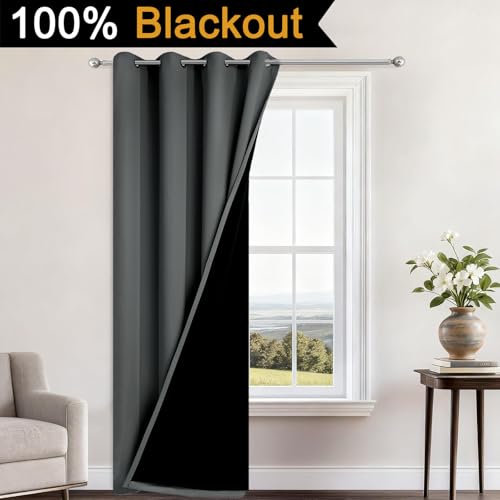 Image of Yakamok Dark Grey Blackout Curtains 84 inch Long for Bedroom 52 inch Wide 1 Panel | Blackout Curtain Panels for Bedroom, 2 Thick Layers Grommet Top Thermal Insulated Drapes with Black Liner for Living Room
