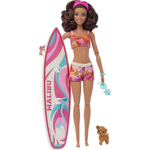 Boneca Barbie Filme Morena Articulada Prancha Surf Cachorrinho e Acessórios HPL69 Mattel