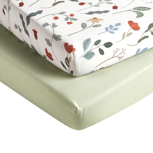 Image of TILLYOU Mini Crib Sheets Fitted 2 Pack, Pack and Play Sheets for Toddler Mattress, Soft and Breathable 38 inchx 24 inch Pack n Play Mattresses Cover, Forest Floral
