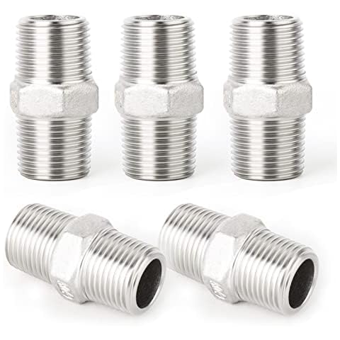 ERGAOBOY 5 Pcs 3/8" Male to 3/8" Male BSP Thread 304 Stainless Steel Hex Nipple Pipe Fittings Cover