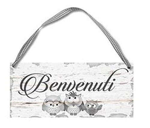 Targa in legno benvenuti con gufetti, cm.18x8