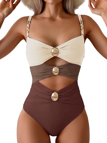 Image of B2prity Cutout One Piece Swimsuit Tummy Control Ruched Monokini Color Block Bathing Suit for Cruise Vacation