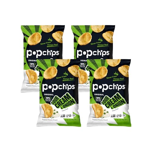 Popchips Potato Chips, Sour Cream & Onion, 4ct 5.0oz Share Bags, Low-Calorie and Gluten Free, Salty Snacks for Adults and Children, Kosher Snack, 130 Calories Per Serving