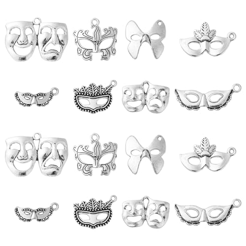 DanLingJewelry 80Pcs 8 Styles Tibetan Silver Party Mask Charms Masquerade Pendants Vintage Face Mask Charms for Jewelry Making Craft