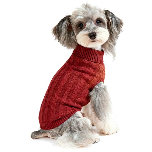 Image of Dog Sweater Soft Warm Turtleneck Knitted Clothes for Small Medium Large Pet | Comfy Wool Knit, Turtleneck & Classic Design, Easy on /off, Warm Winter Girls Boys Dogs Christmas Sweaters, Rust Red, XXS