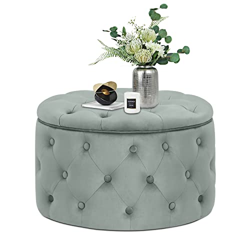 Homebeez Round Velvet Storage Ottoman, Button Tufted Footrest Stool Coffee Table For Living Room,24.8" L X 24.8" W X 15.4" H,Light Grey #TOP9