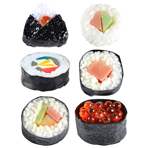 TUESMEILL 6 Pcs Simulation Fake Sushi, Artificial Lifelike Nigiri Onigiri Dessert Susi Food Model Sushi for Decoration Display Props Model Rice Roll